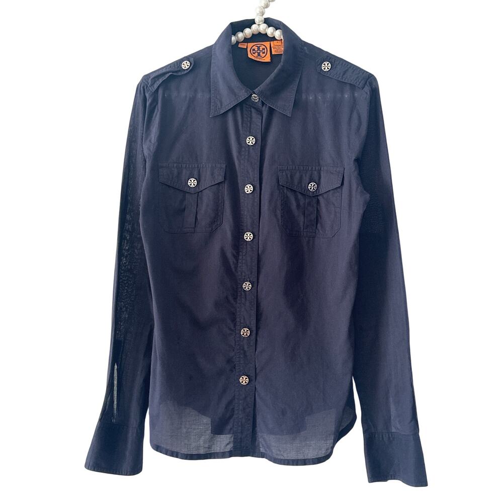 Tory Burch navy blue button down blouse Sz 8 sheer summer resort wear